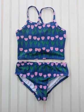 Hanna Andersson Blue Tankini Set with Pink Tulip & Green Accents